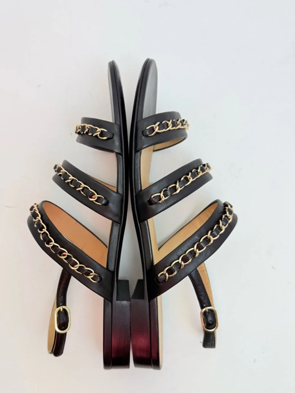 Chanel 22 Logo Chain Strap Lambskin Sandals Black Gold CC EU 40 US 10